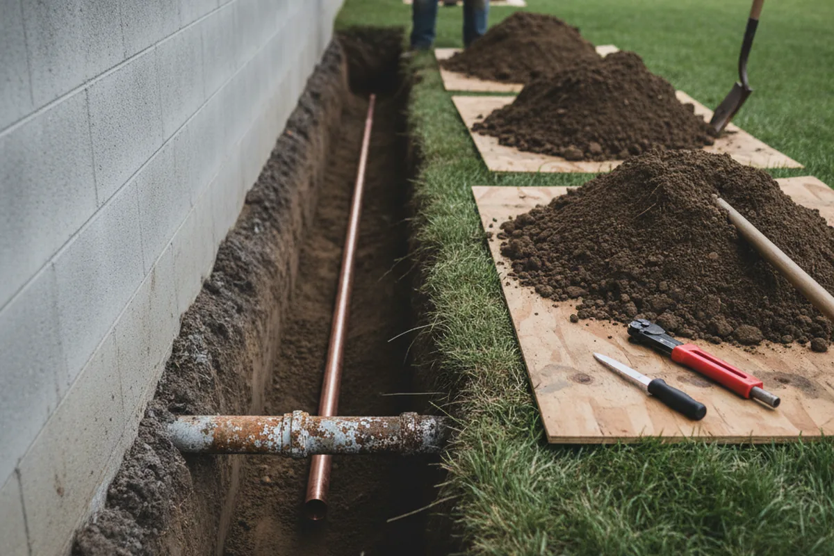 Excavated water line trench during Sewer Line Repair in Morenci